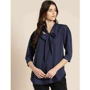 Colleen Lopez Navy Bow Neck Blouse Size M 3/4 Sleeve Keyhole Top